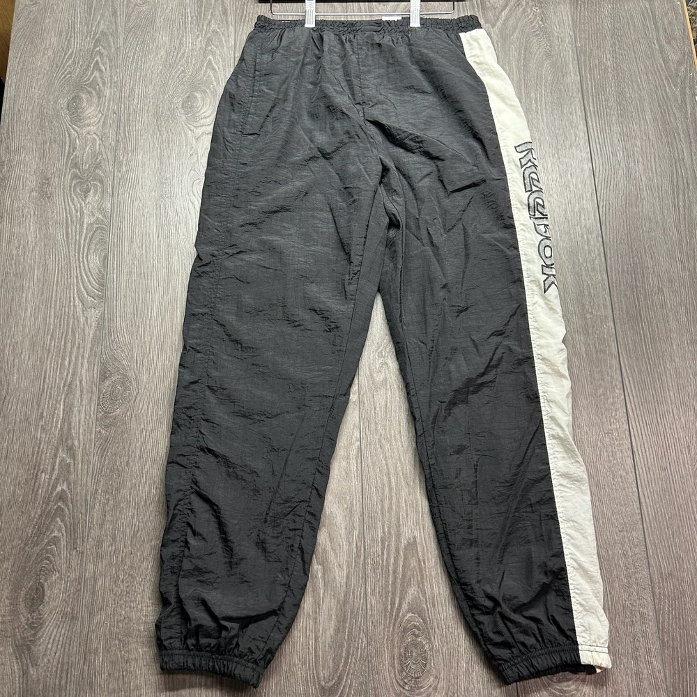 Vintage Reebok Spellout Windbreaker Track Pants Black White Mens Medium 90s